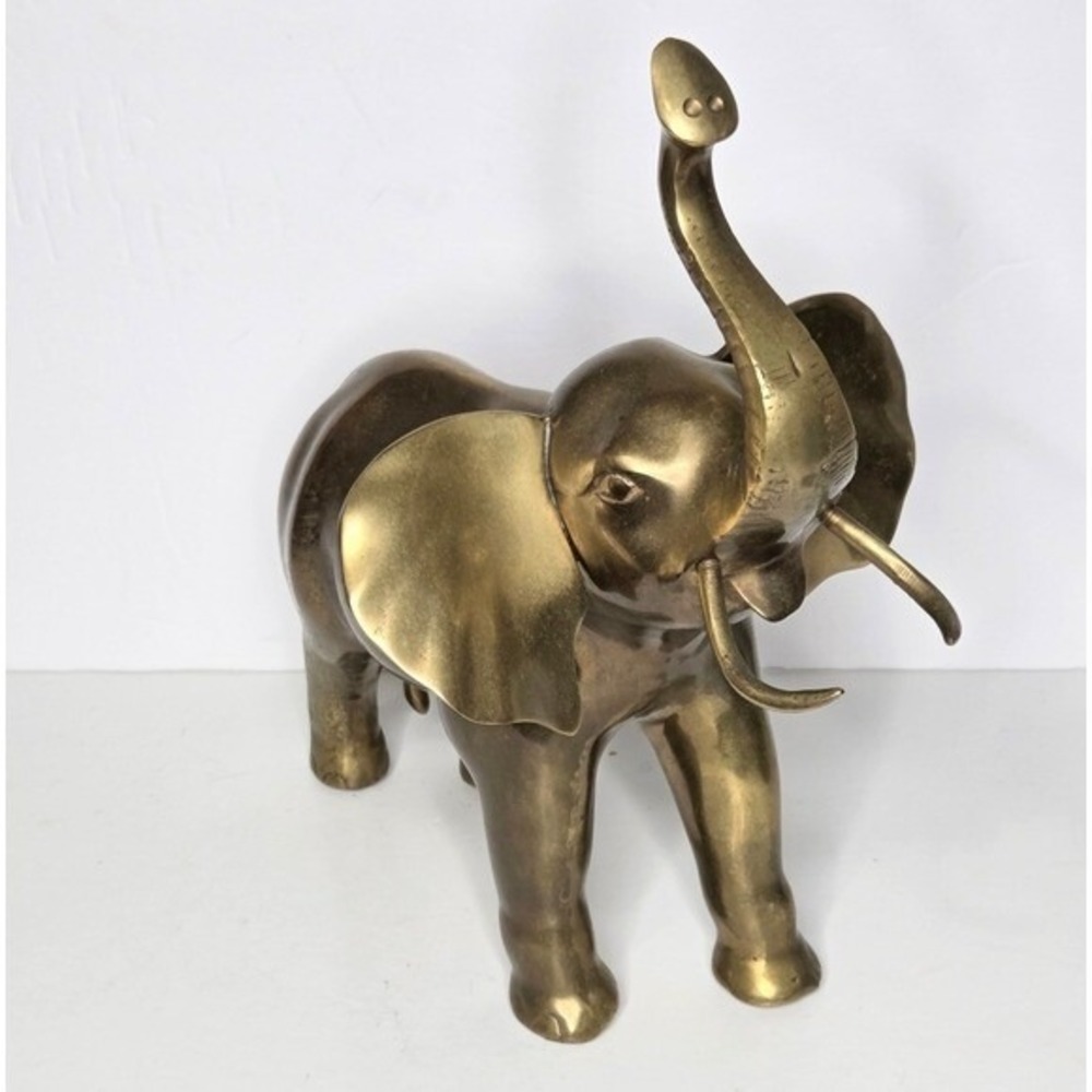 Vintage Mid Century Solid Brass Elephant Figurine Trunks Up Good Luck Decor 13" - Picture 11 of 11